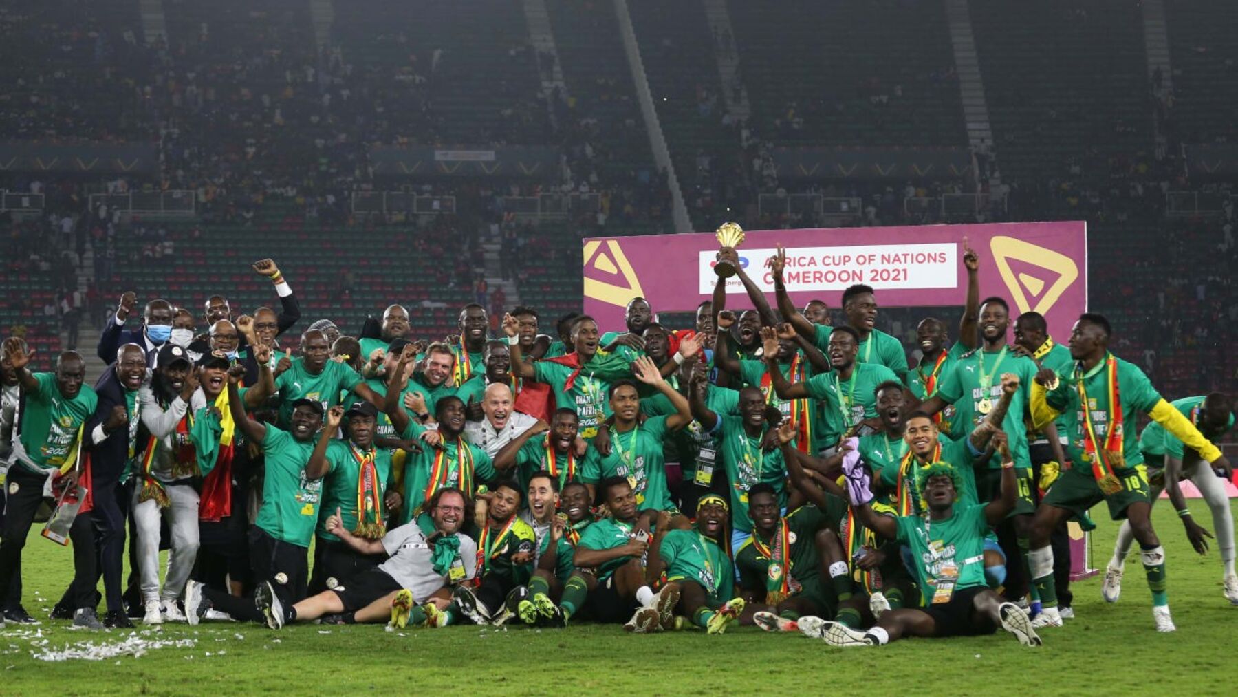 Senegal national team celebrating their AFCON 2021 victory at the final in Yaoundé, Cameroon